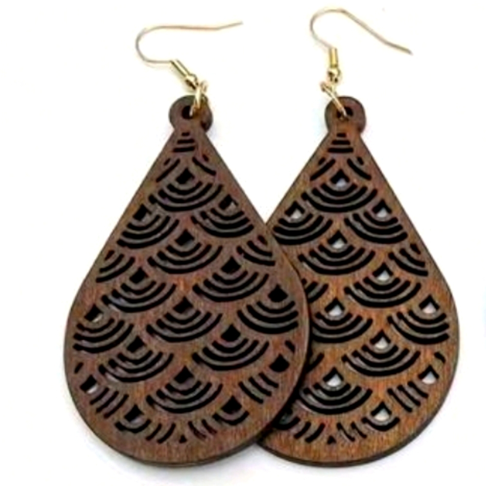 Wooden Teardrop Fan Cut-out Earrings